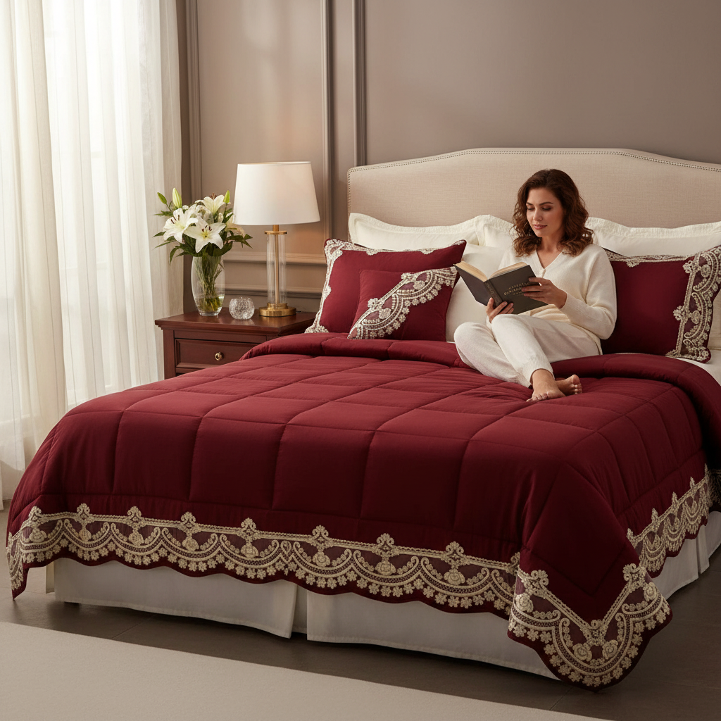 Trapunta a tinta unita Charro con balza in pizzo Burano