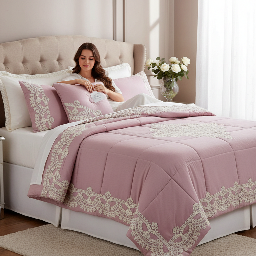 Trapunta a tinta unita Charro con balza in pizzo Burano