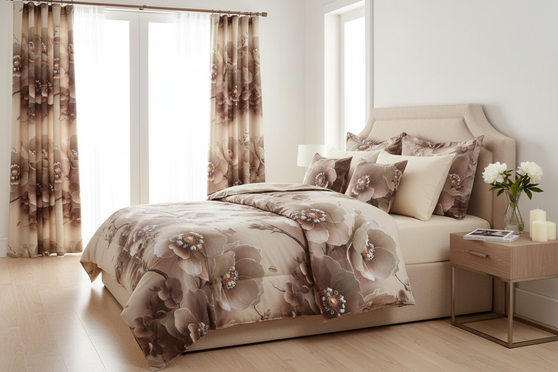 Trapunta in stampa digitale piazzata tende abbinate