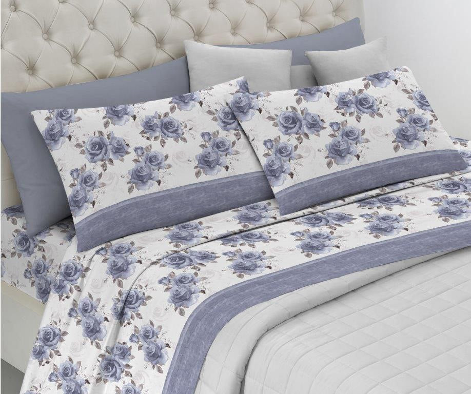 Coppia di lenzuola stampate in puro cotone per letto matrimoniale, articolo sofia, garantisce un riposo avvolgente e lussuoso.