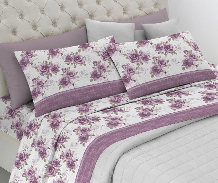 Coppia di lenzuola stampate in puro cotone per letto matrimoniale, articolo sofia, garantisce un riposo avvolgente e lussuoso.