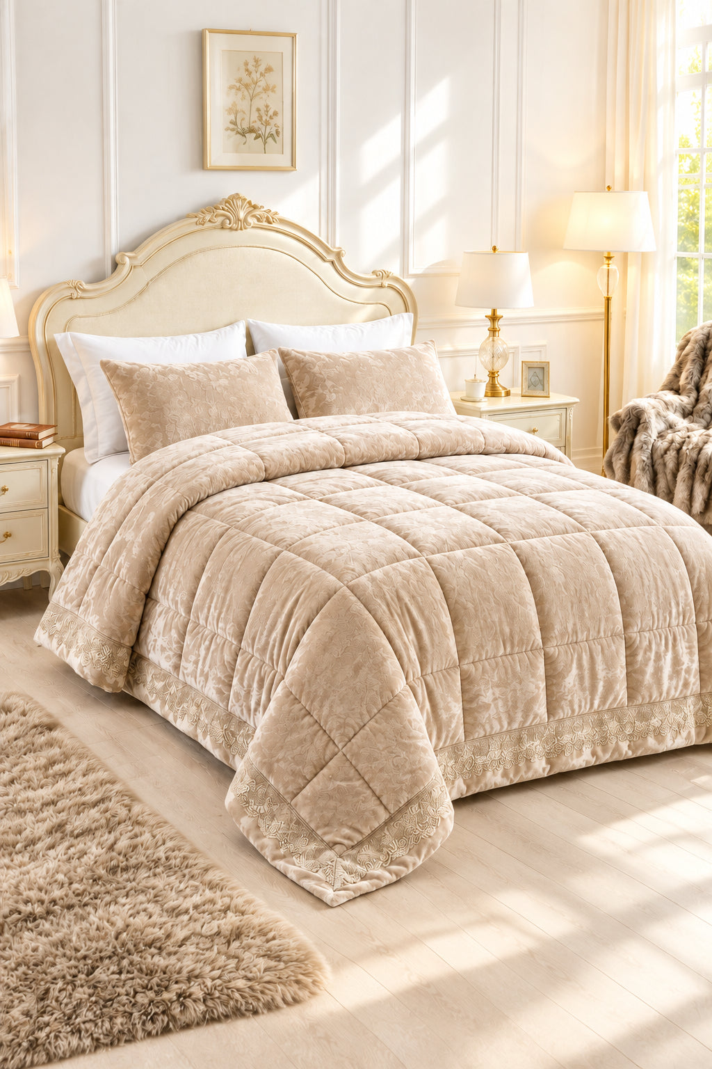 Trapunta “Chantilly”  in morbidissimo coral con rouche e pizzo&nbsp;