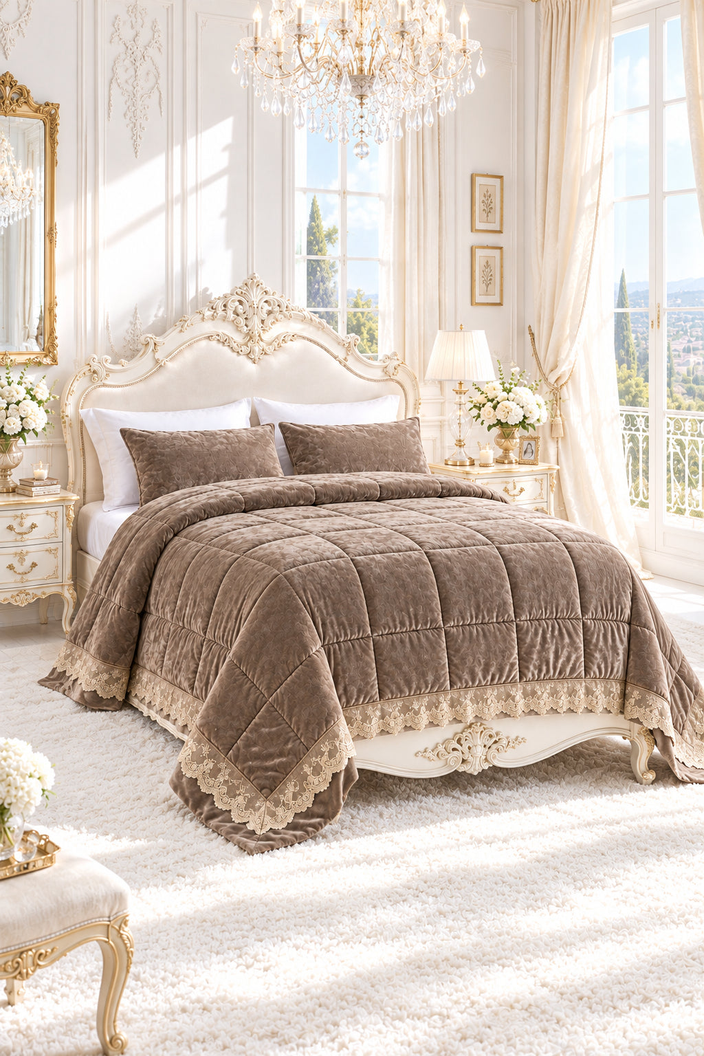 Trapunta “Chantilly”  in morbidissimo coral con rouche e pizzo&nbsp;