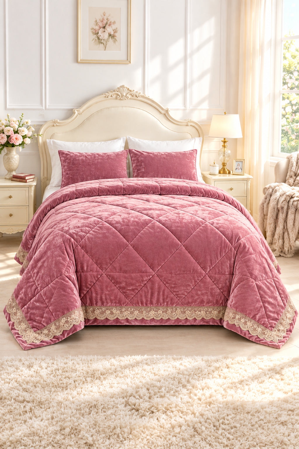 Trapunta “Chantilly”  in morbidissimo coral con rouche e pizzo&nbsp;