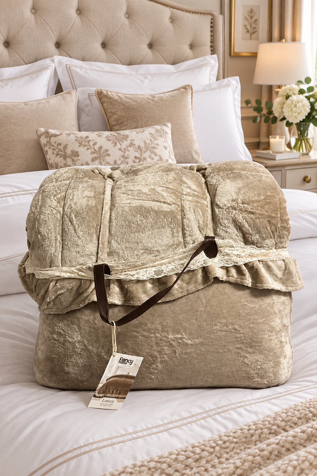 Trapunta “Chantilly”  in morbidissimo coral con rouche e pizzo&nbsp;